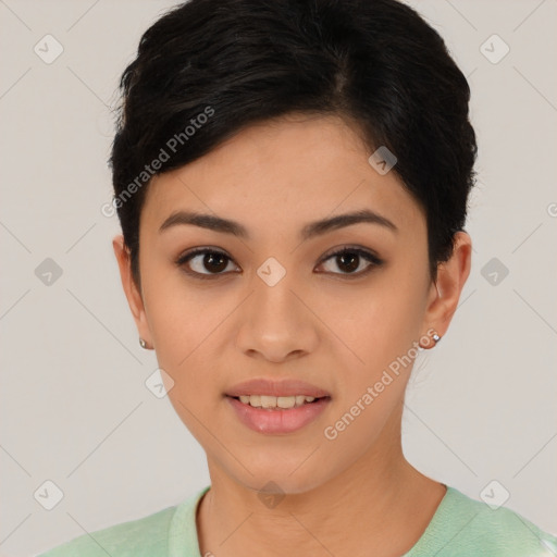 Joyful asian young-adult female with short  black hair and brown eyes