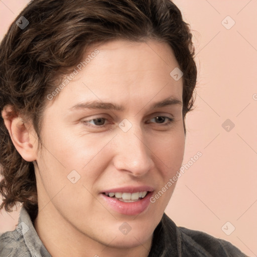 Joyful white young-adult male with medium  brown hair and brown eyes