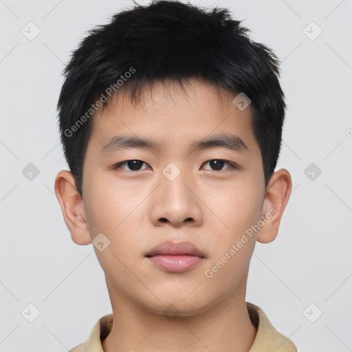 Neutral asian young-adult male with short  brown hair and brown eyes