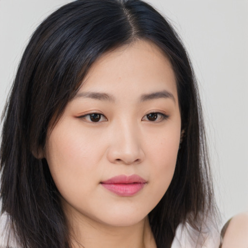 Neutral asian young-adult female with long  brown hair and brown eyes