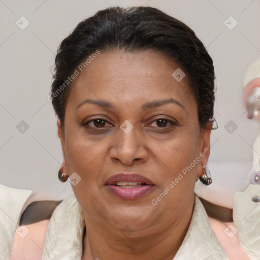 Joyful white adult female with short  brown hair and brown eyes