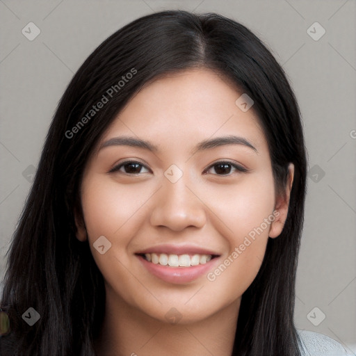 Joyful white young-adult female with long  black hair and brown eyes