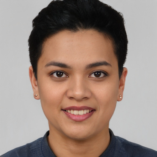 Joyful asian young-adult female with short  black hair and brown eyes