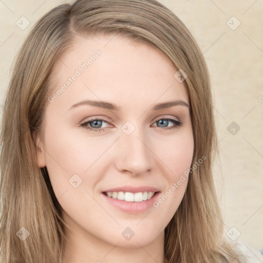 Joyful white young-adult female with long  brown hair and green eyes