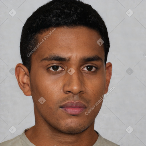 Neutral latino young-adult male with short  brown hair and brown eyes