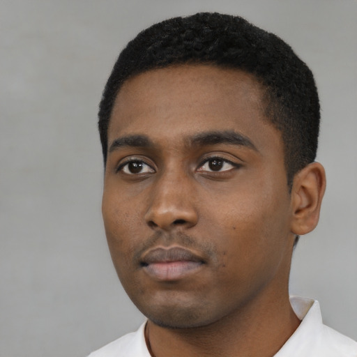 Neutral black young-adult male with short  black hair and brown eyes