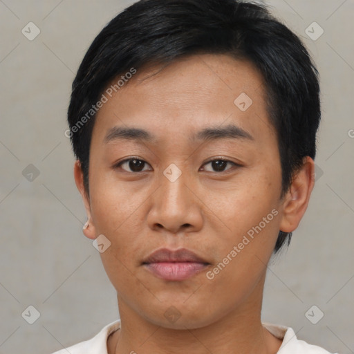 Neutral asian young-adult male with short  black hair and brown eyes