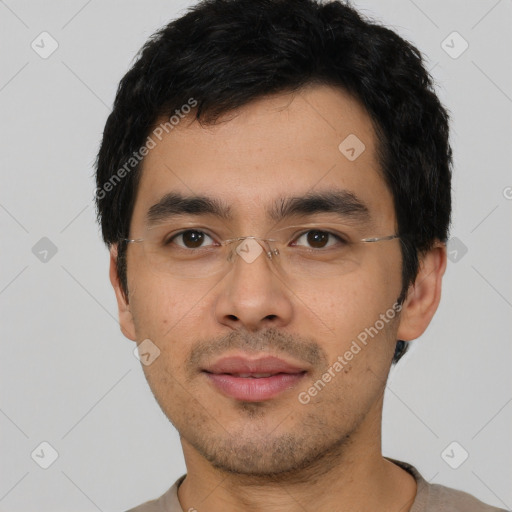 Neutral asian young-adult male with short  black hair and brown eyes