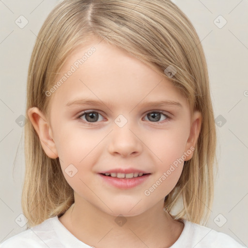 Joyful white child female with medium  brown hair and brown eyes