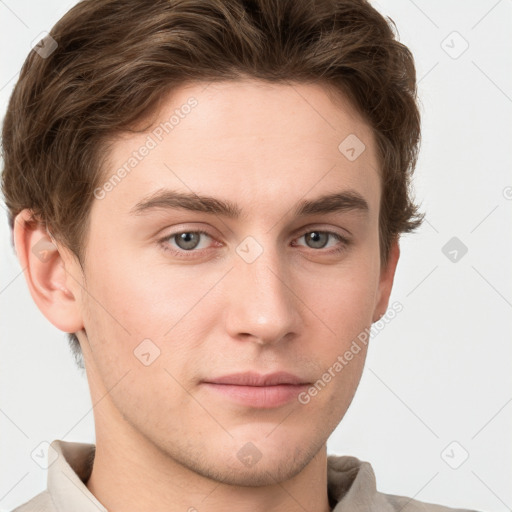 Neutral white young-adult male with short  brown hair and grey eyes