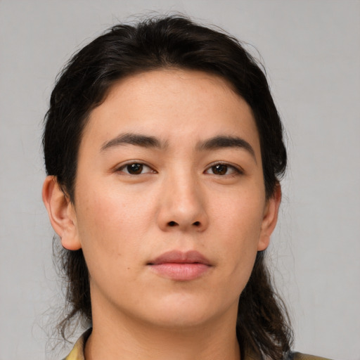 Neutral asian young-adult female with medium  brown hair and brown eyes