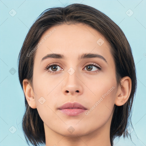 Neutral white young-adult female with medium  brown hair and brown eyes