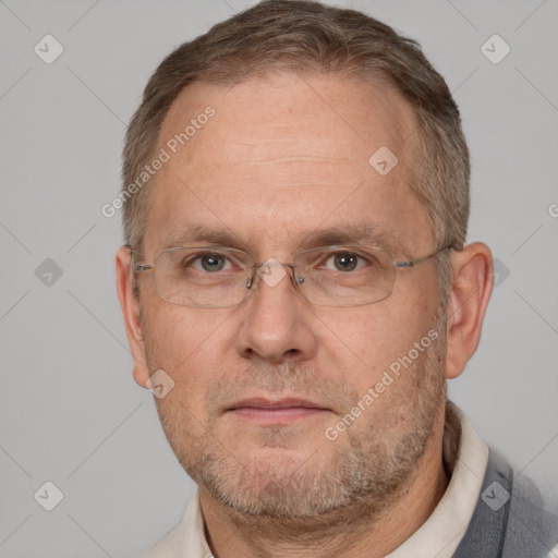 Neutral white adult male with short  brown hair and brown eyes