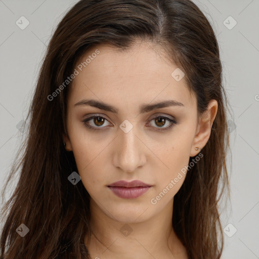 Neutral white young-adult female with long  brown hair and brown eyes