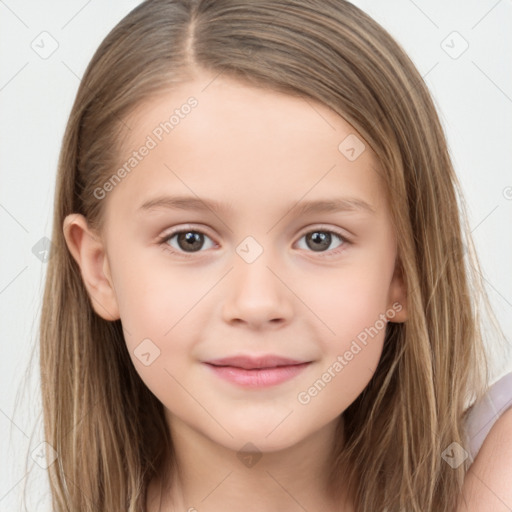 Joyful white child female with long  brown hair and brown eyes