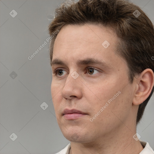 Neutral white young-adult male with short  brown hair and brown eyes