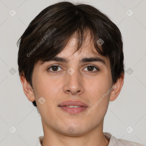 Neutral white young-adult male with short  brown hair and brown eyes