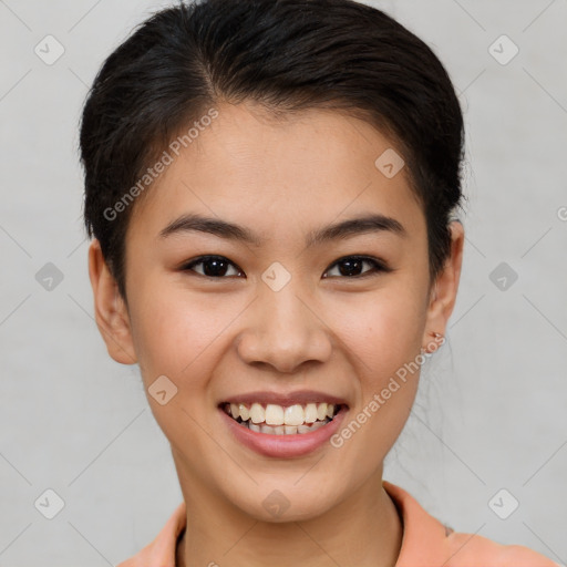 Joyful white young-adult female with short  brown hair and brown eyes