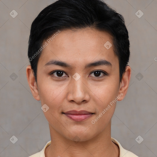 Joyful asian young-adult female with short  black hair and brown eyes