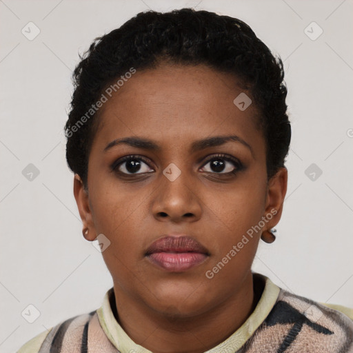 Neutral black young-adult female with short  black hair and brown eyes