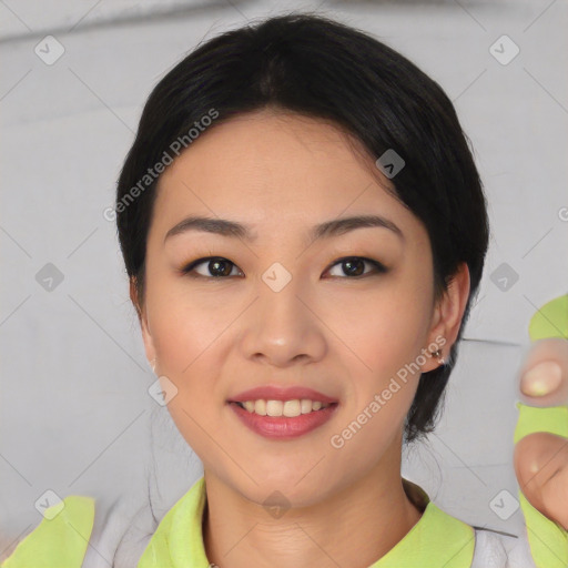 Joyful asian young-adult female with medium  black hair and brown eyes