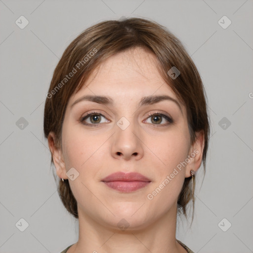 Neutral white young-adult female with medium  brown hair and brown eyes