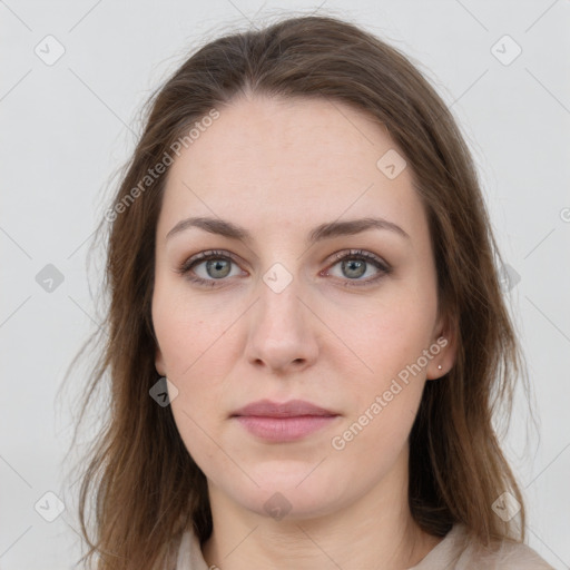 Neutral white young-adult female with medium  brown hair and grey eyes