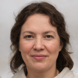 Joyful white adult female with medium  brown hair and grey eyes