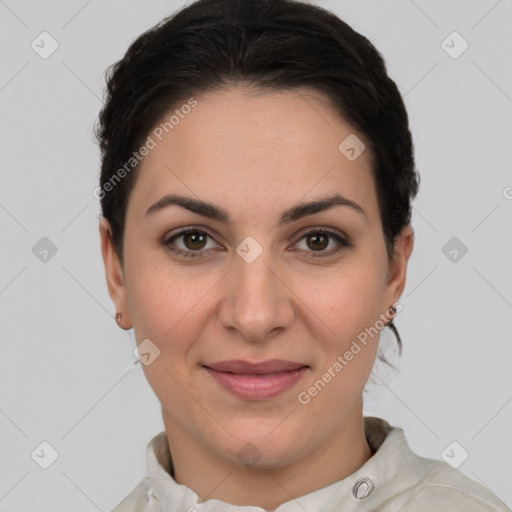 Joyful white young-adult female with short  brown hair and brown eyes