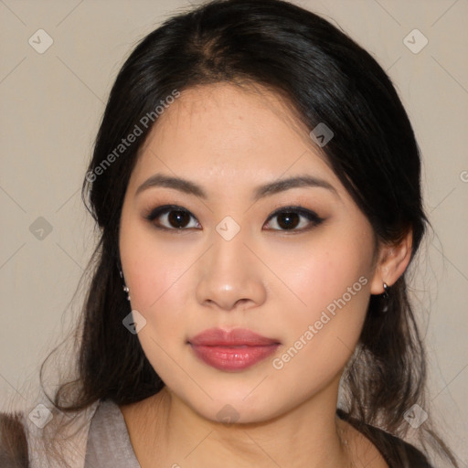 Neutral asian young-adult female with medium  brown hair and brown eyes