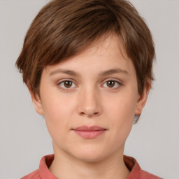 Neutral white young-adult female with short  brown hair and brown eyes