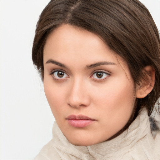 Neutral white young-adult female with medium  brown hair and brown eyes