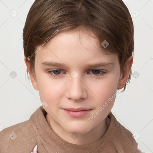 Joyful white child female with medium  brown hair and brown eyes