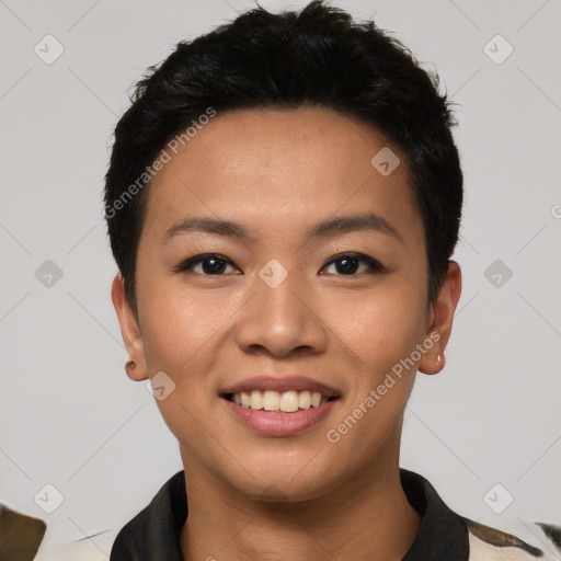 Joyful asian young-adult female with short  black hair and brown eyes