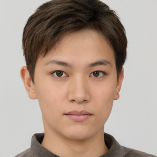 Neutral white young-adult female with short  brown hair and brown eyes