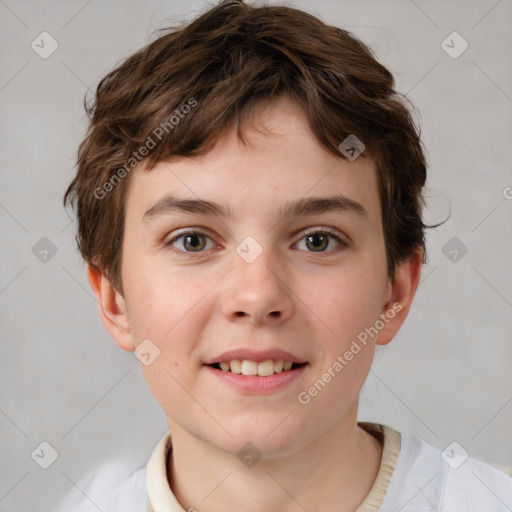 Joyful white child male with short  brown hair and brown eyes