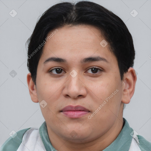 Joyful asian young-adult female with short  brown hair and brown eyes