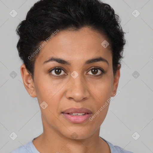 Joyful latino young-adult female with short  brown hair and brown eyes