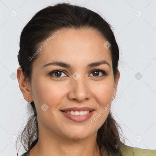 Joyful white young-adult female with long  brown hair and brown eyes