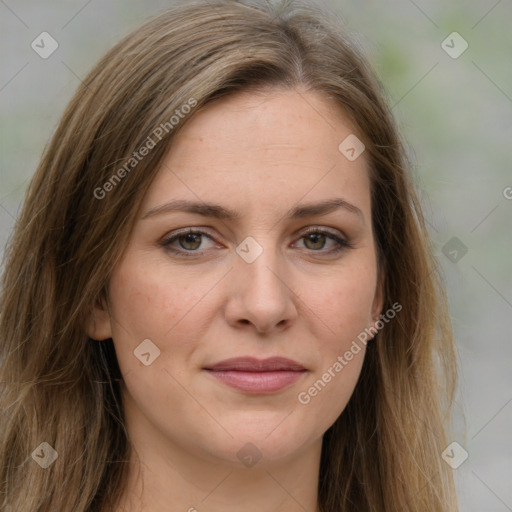 Joyful white young-adult female with long  brown hair and green eyes