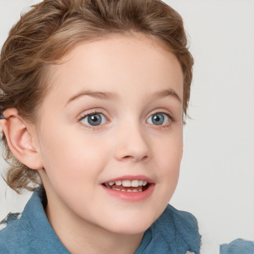 Joyful white child female with medium  brown hair and blue eyes