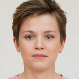 Neutral white young-adult female with short  brown hair and brown eyes