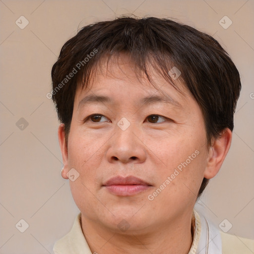 Joyful asian adult male with short  brown hair and brown eyes