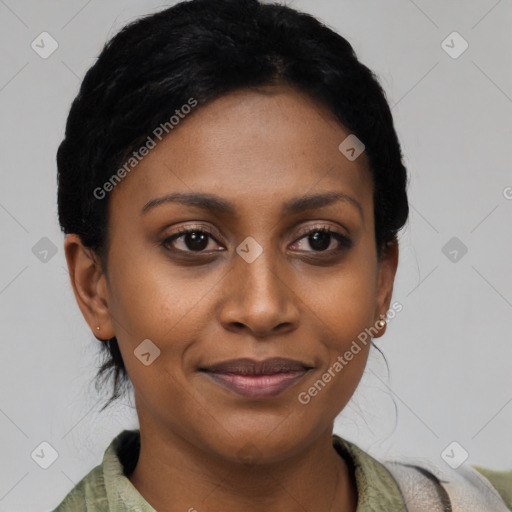 Joyful latino young-adult female with short  black hair and brown eyes