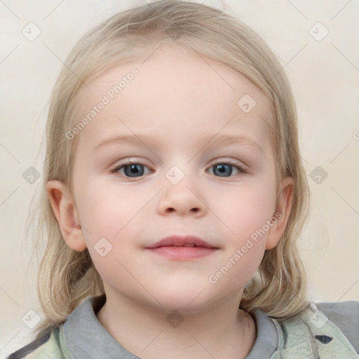 Neutral white child female with medium  brown hair and blue eyes