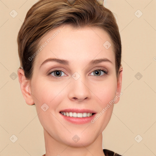 Joyful white young-adult female with short  brown hair and grey eyes