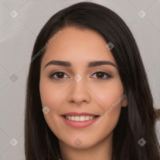 Joyful white young-adult female with long  black hair and brown eyes