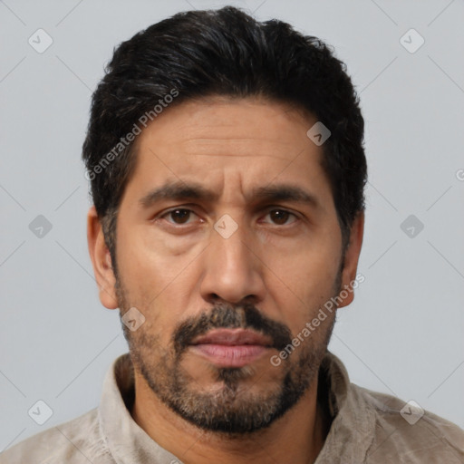 Neutral latino adult male with short  black hair and brown eyes