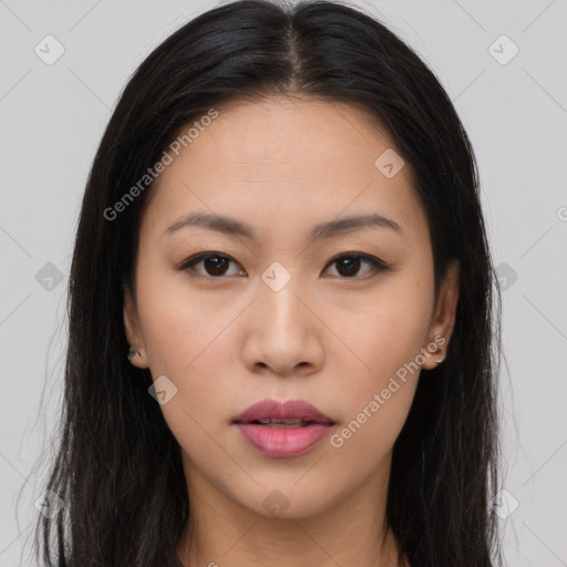 Neutral asian young-adult female with long  brown hair and brown eyes