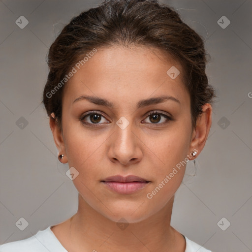 Neutral white young-adult female with short  brown hair and brown eyes